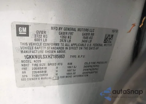 2017 GMC Acadia Slt-1 z USA, uszkodzony, nr VIN 1GKKNULSXHZ185863